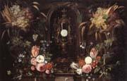 Jan Van Kessel Still life of various flowers and grapes encircling a reliqu ary containing the host,set within a stone niche Spain oil painting reproduction